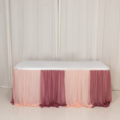 Sheer Chiffon Table Skirt 14ft Mauve and Blush – Pleated Ruffle Skirting with Polyester Backing, Shimmer Sheer, Wrinkle-Free Fabric