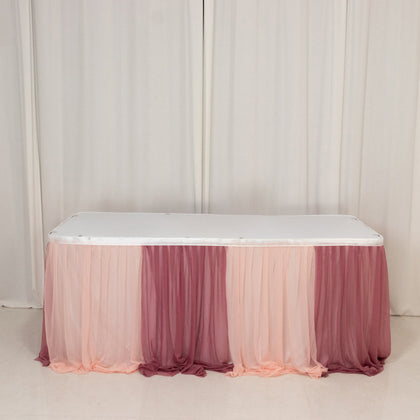 Sheer Chiffon Table Skirt 14ft Mauve and Blush – Pleated Ruffle Skirting with Polyester Backing, Shimmer Sheer, Wrinkle-Free Fabric