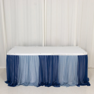Sheer Chiffon Table Skirt 14ft Navy Blue and Dusty Blue – Pleated Ruffle Skirting with Polyester Backing, Shimmer Sheer, Wrinkle-Free Fabric