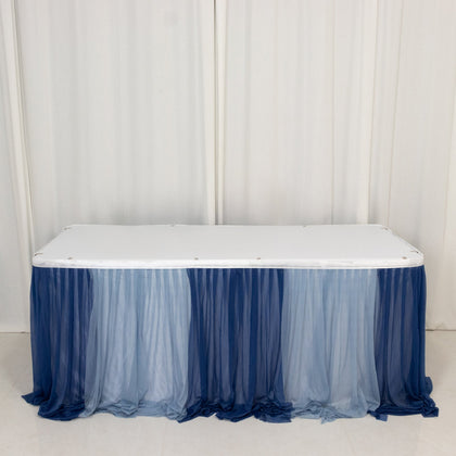 Sheer Chiffon Table Skirt 14ft Navy Blue and Dusty Blue – Pleated Ruffle Skirting with Polyester Backing, Shimmer Sheer, Wrinkle-Free Fabric