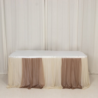 Sheer Chiffon Table Skirt 14ft Taupe and Beige – Pleated Ruffle Skirting with Polyester Backing, Shimmer Sheer, Wrinkle-Free Fabric
