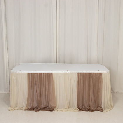 Sheer Chiffon Table Skirt 14ft Taupe and Beige – Pleated Ruffle Skirting with Polyester Backing, Shimmer Sheer, Wrinkle-Free Fabric