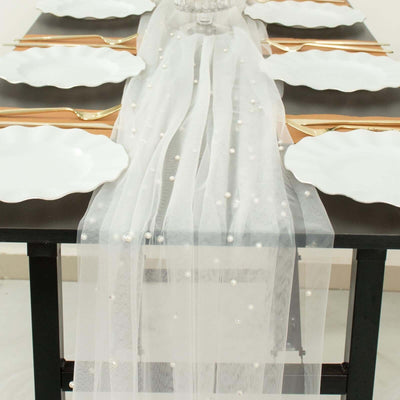 Sheer Tulle Table Runner 48"x120" White Pearl Embellished - Sophisticated Wedding & Event Table Linen