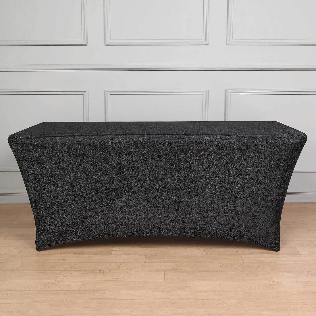 Black stretch table cover for events and parties.