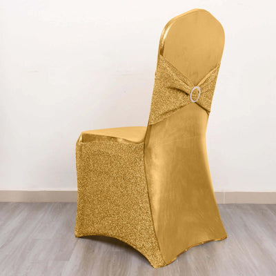 Spandex Banquet Chair Cover Metallic Gold Tinsel with Attached Sash and Silver Rhinestone Buckle - Shimmering Premium Fitted Design