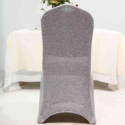 Spandex Stretch Banquet Chair Cover with Metallic Shimmer Tinsel Back Silver - Fitted Slipcover