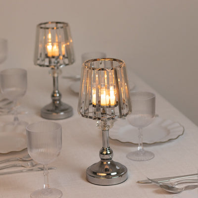 2-Pack Crystal Pendant Candle Holders 11" Classic Empire Lamp Shade Style in Silver, Votive Candle Stand For Table Centerpieces
