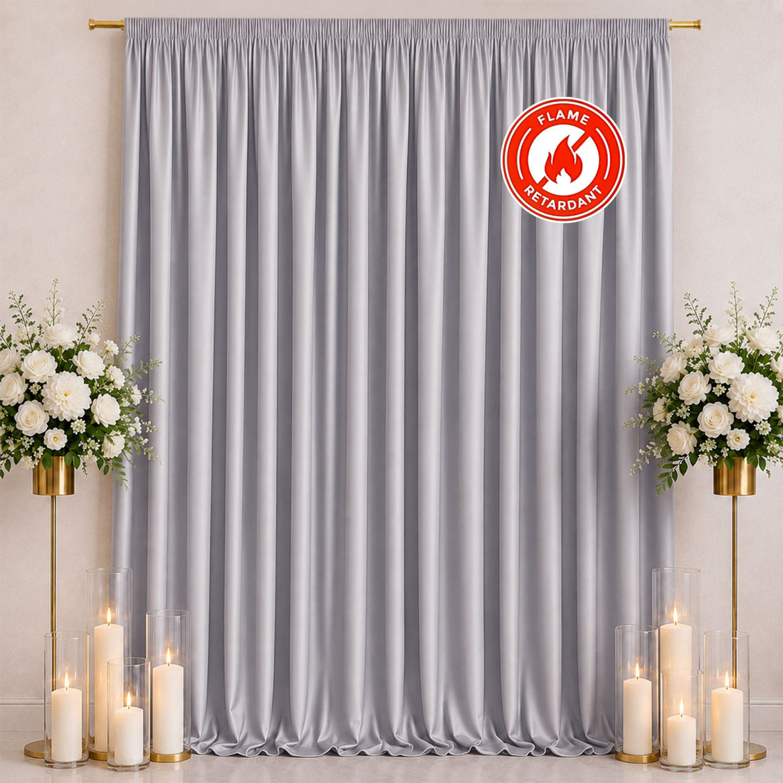 Silver flame-retardant curtains with floral decor and candle stands