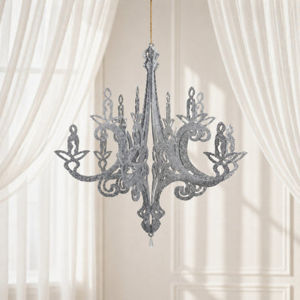 Silver Glittered Acrylic Chandelier Hanging Decor 24", 3D Interlocking Cutout Design, Ceiling Decor