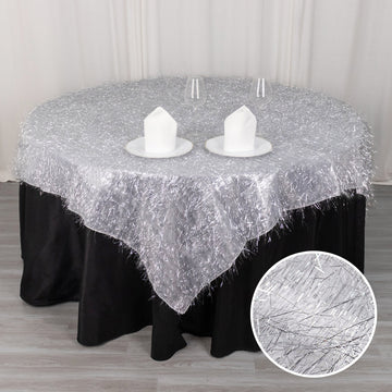 Silver Metallic Fringe Shag Tinsel Square Polyester Table Overlay 72"
