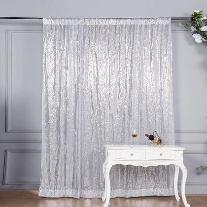 Silver Sequin Backdrop Drape Curtain, Photo Booth Event Divider Panel - 8ftx8ft