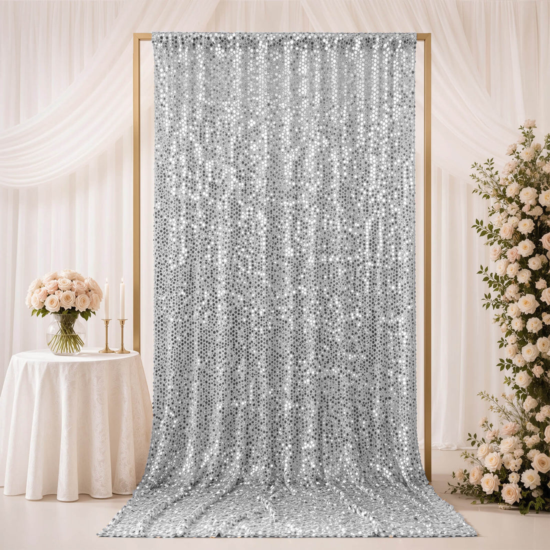 Silver sequin wedding backdrop curtain with elegant floral decor