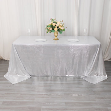 90"x132" Silver Shimmer Sequin Dots Polyester Tablecloth, Wrinkle Free Sparkle Glitter Tablecover