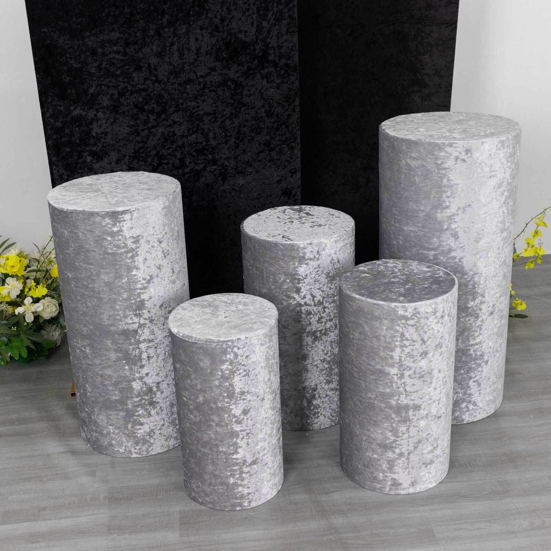 5 Silver Crushed Velvet Cylinder Pillar Prop Covers | eFavormart