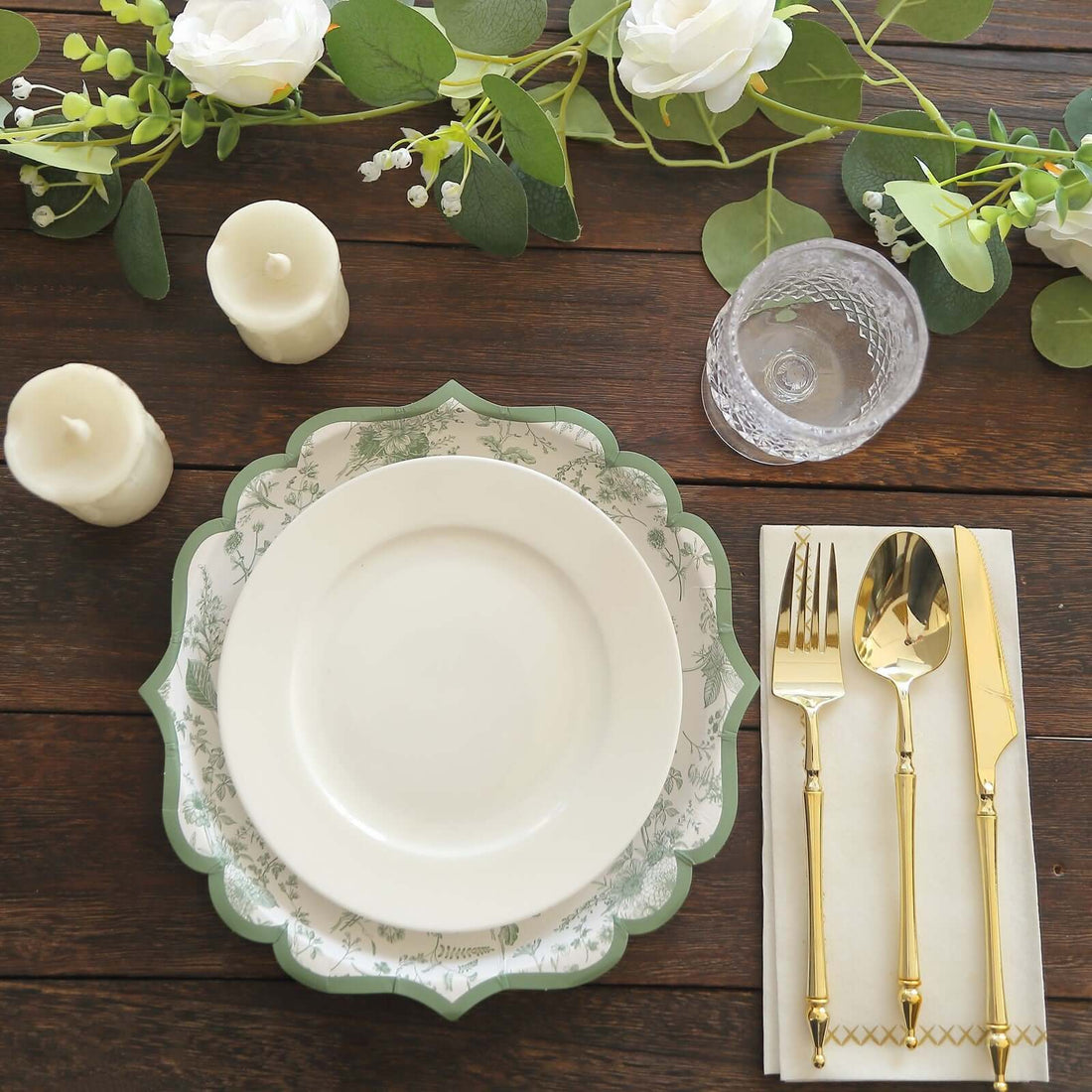 French Toile Dinner Plates Sage Green Scalloped Rim 10