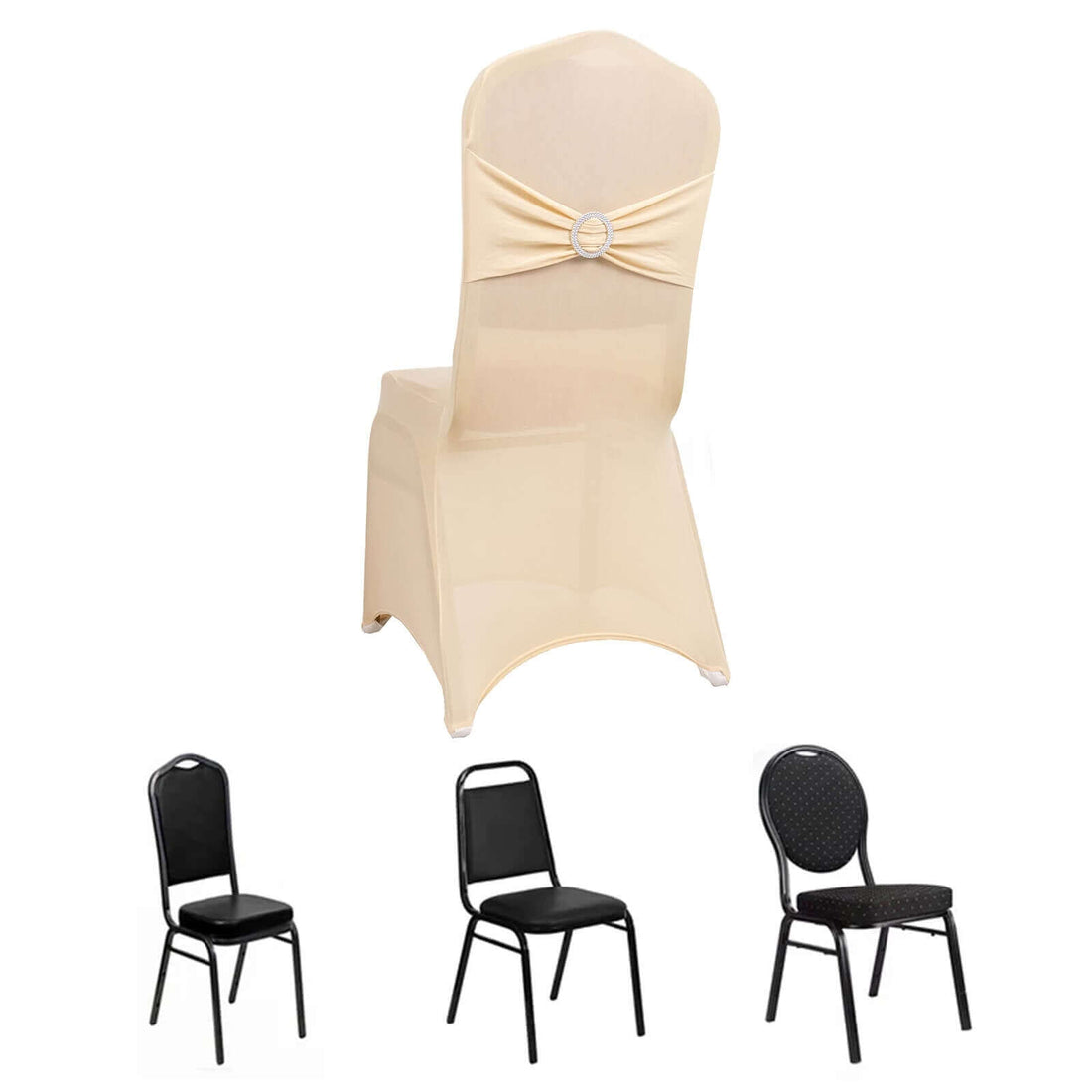 Elegant beige chair cover with bow detail and three black chairs below