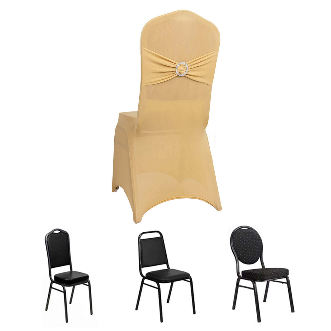 Elegant beige chair cover with decorative bow and silver ring detail