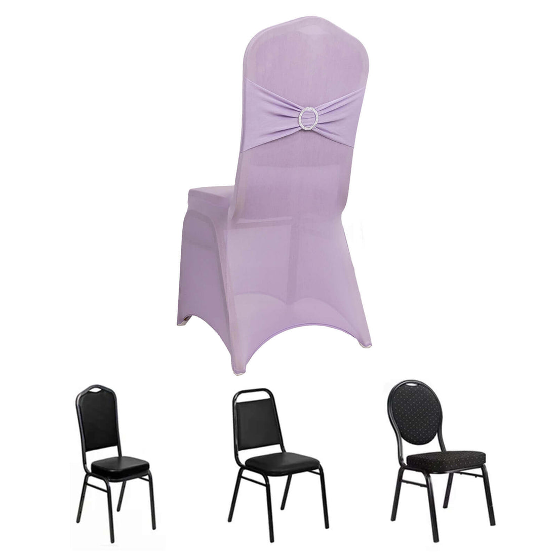 Purple chair cover with decorative back, suitable for event decor.