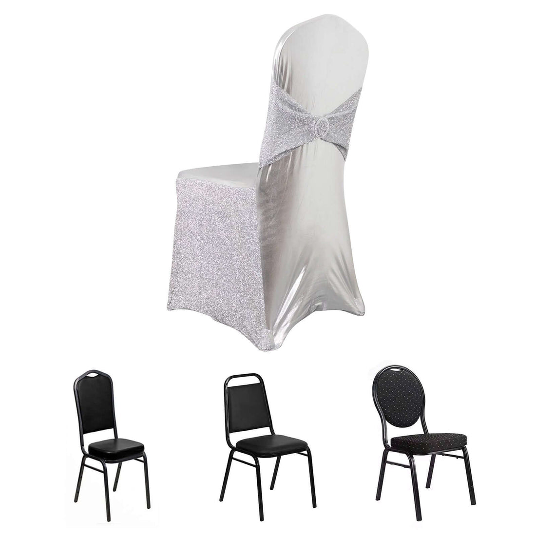 Elegant silver chair cover with decorative tie, suitable for events and celebrations.