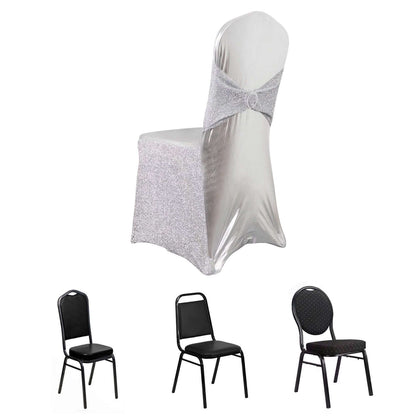 Spandex Banquet Chair Cover Metallic Silver Tinsel with Attached Sash and Silver Rhinestone Buckle - Shimmering Premium Fitted Design