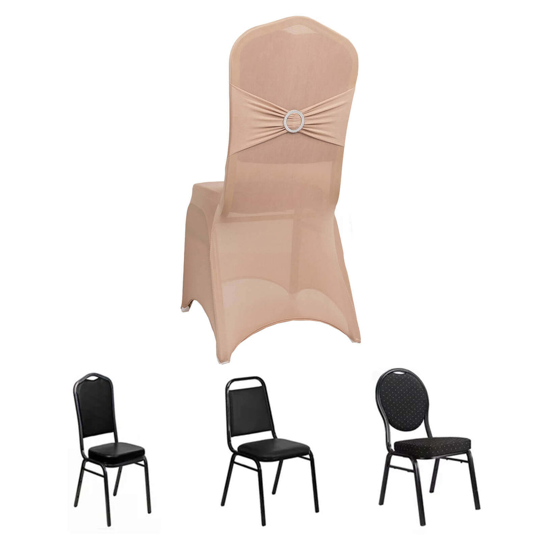 Four chair covers in various styles and colors on a white background.