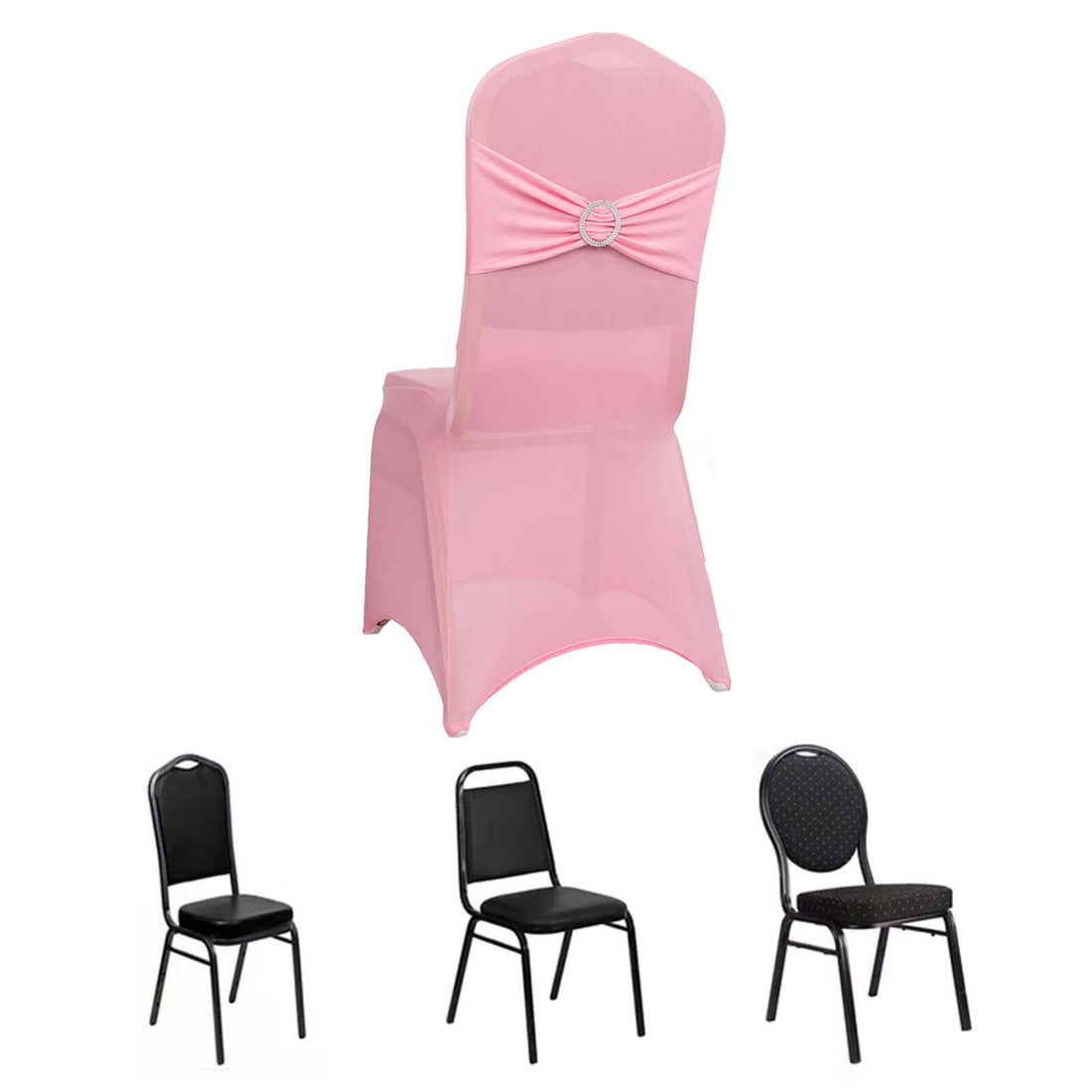 Pink chair cover with decorative bow, showcasing various chair styles.