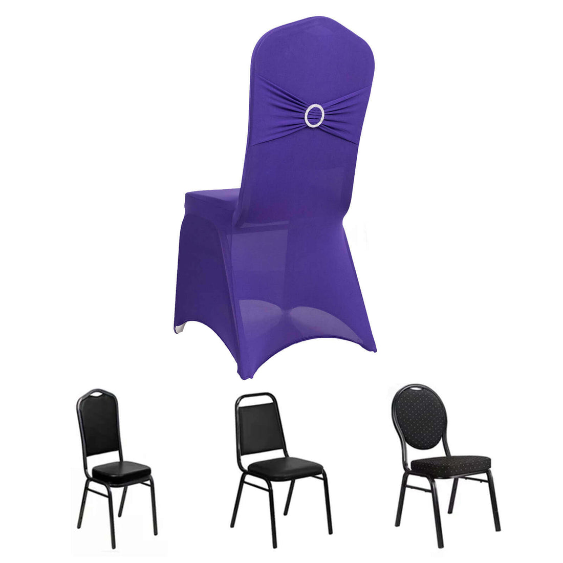 Purple chair cover with decorative ring, suitable for event decoration