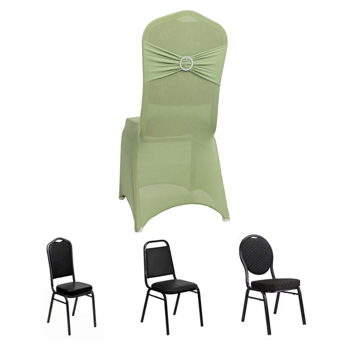 Green chair cover with decorative back and three chair styles