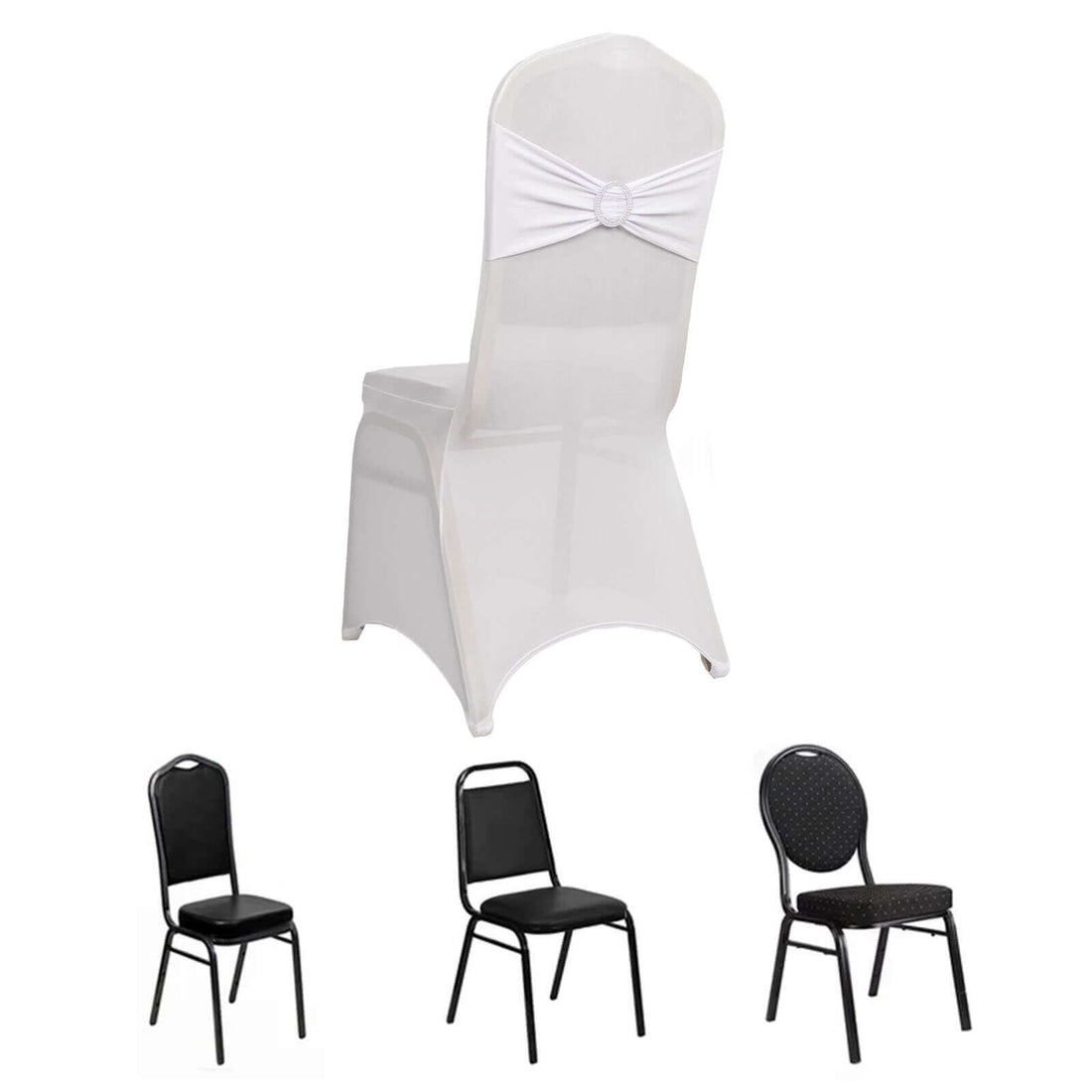 Set of four dining chairs in various styles and colors.