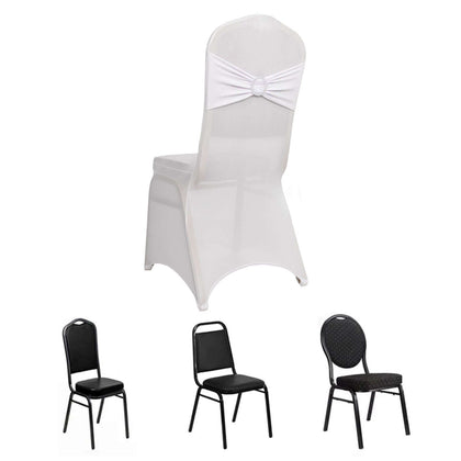 Spandex Banquet Chair Cover White with Silver Rhinestone Buckled Sash Band - Stretched Fitted Slip-On Slipcover