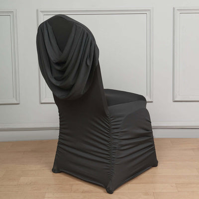 Spandex Fitted Banquet Chair Cover Black with Ruched Swag Back and Foot Pockets - Durable Slip-On Slipcover