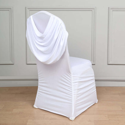 Spandex Fitted Banquet Chair Cover White with Ruched Swag Back and Foot Pockets - Sleek Durable Slip-On Slipcover for Sophisticated Events