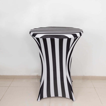 Spandex Fitted Round Cocktail Table Cover 30" Black/White Striped Design - Easy to Maintain Stretch Tablecloth