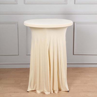 Spandex Round Cocktail Table Cover Skirt 30" Beige With Natural Wavy Drapes