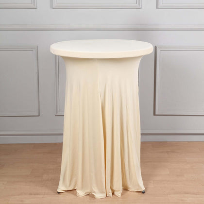Spandex Round Cocktail Table Cover Skirt 30" Beige With Natural Wavy Drapes