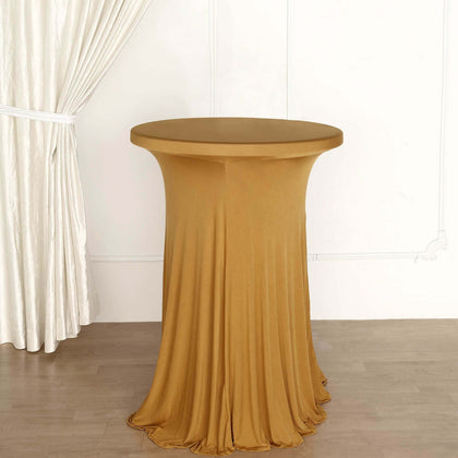 Spandex Round Cocktail Table Cover Skirt 30" Gold With Natural Wavy Drapes