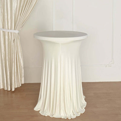 Spandex Round Cocktail Table Cover Skirt 30" Ivory With Natural Wavy Drapes