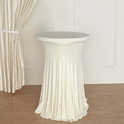 Spandex Round Cocktail Table Cover Skirt 30" Ivory With Natural Wavy Drapes