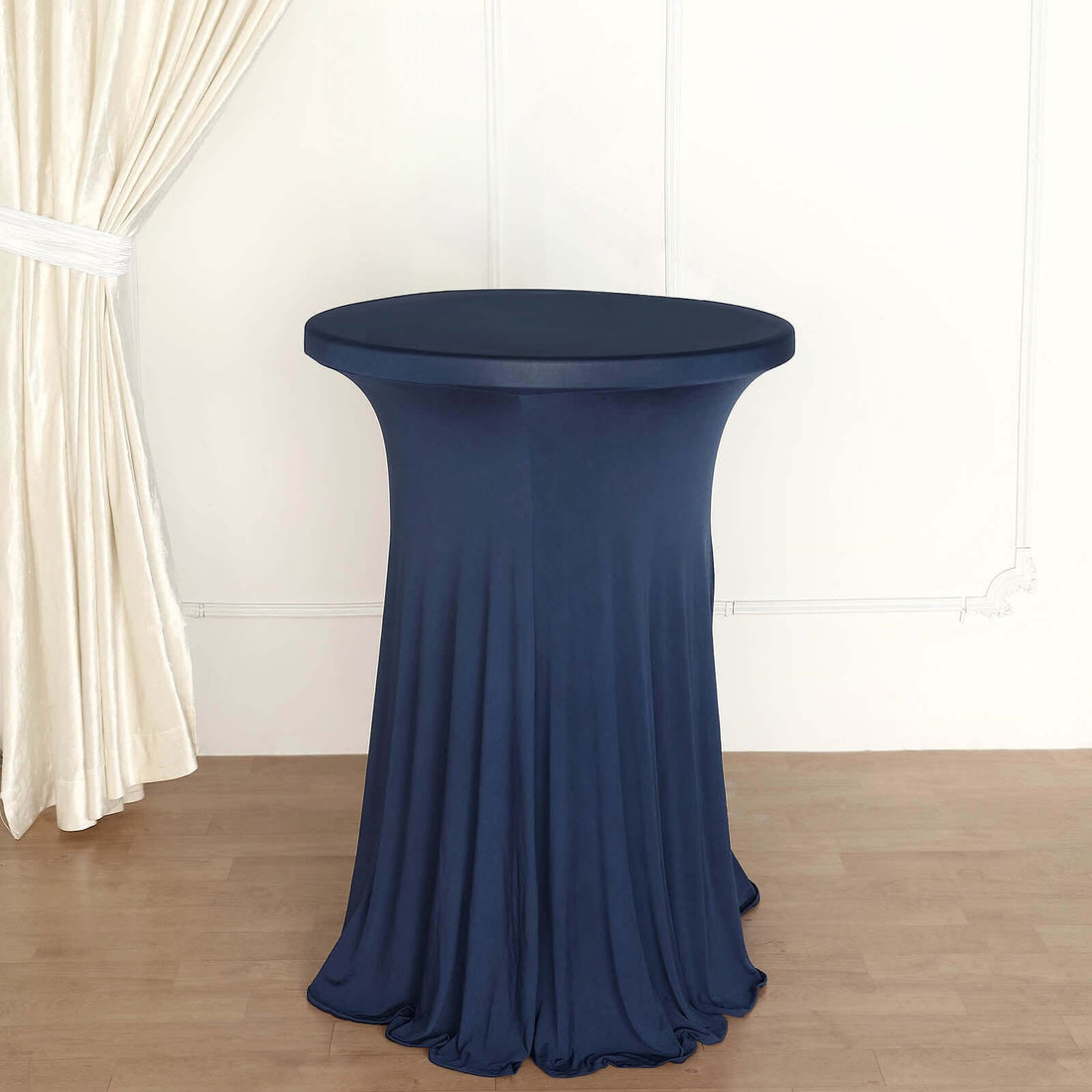 Navy blue stretch table cover for round cocktail tables