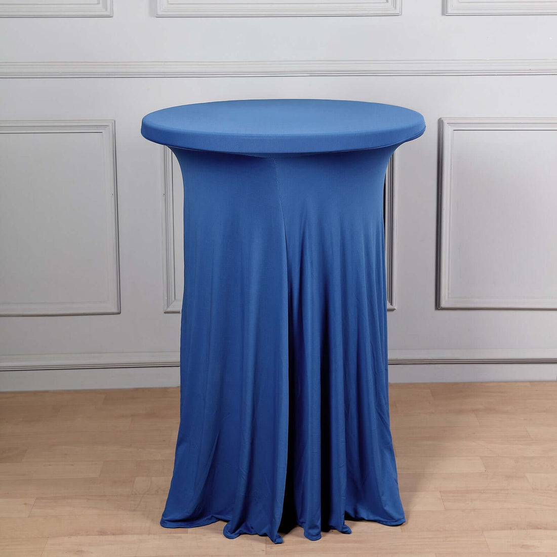 Blue stretch table cover for events and parties.