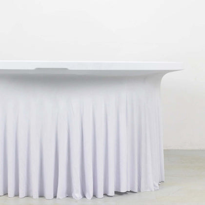 Spandex Round Tablecloth 6ft White - Classy Table Cover Skirt with Ruffles for Trade Shows, Galas & Corporate Events