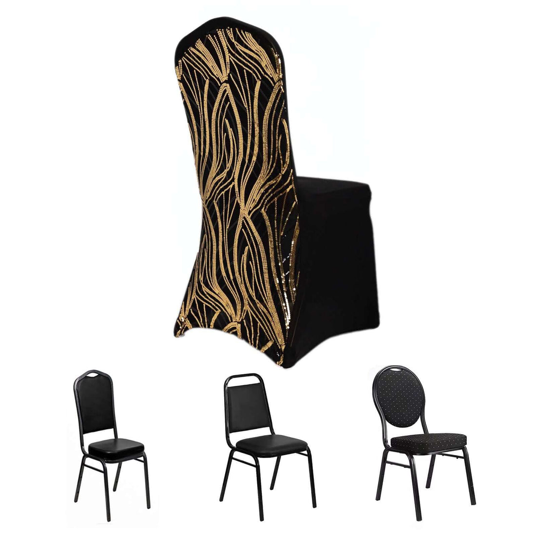 Stylish black chair with gold pattern on a white background