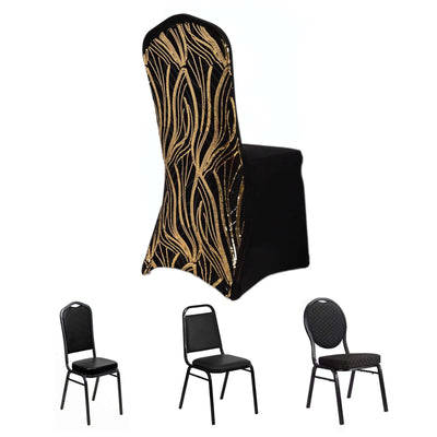 Spandex Stretch Banquet Chair Cover Black/Gold with Wave Embroidered Sequins - Fitted Slipcover