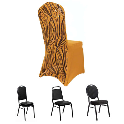 Spandex Stretch Banquet Chair Cover Gold/Black with Wave Embroidered Sequins - Fitted Slipcover
