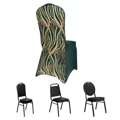 Spandex Stretch Banquet Chair Cover Hunter Emerald Green/Gold with Wave Embroidered Sequins - Fitted Slipcover