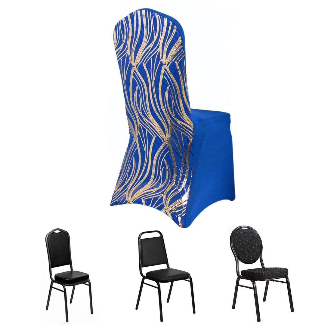 Assorted dining chairs in black and blue with gold design, studio shot.