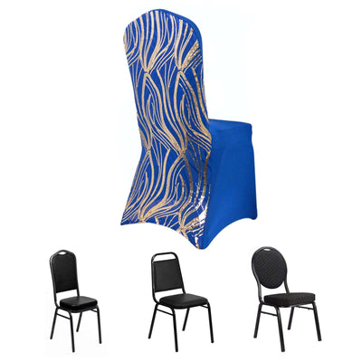 Spandex Stretch Banquet Chair Cover Royal Blue/Gold with Wave Embroidered Sequins - Fitted Slipcover