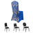 Assorted dining chairs in black and blue with gold design, studio shot.