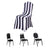 Black and white striped chair cover with three black chairs