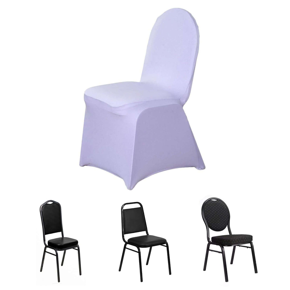 Various chair covers including a lavender fitted cover on a chair.